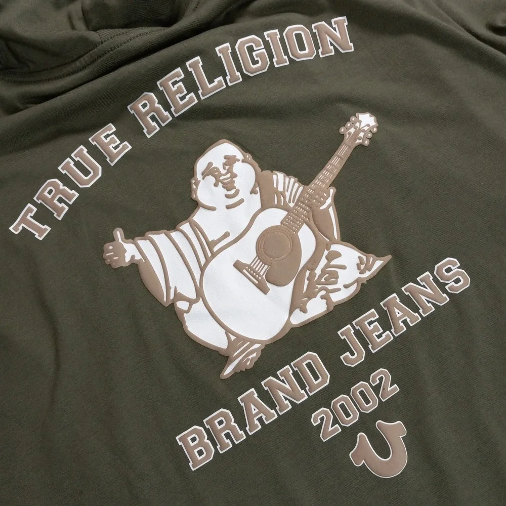 True Religion Mens Olive Green Short Sleeve Hoodie Buddha Graphic Tee Size L NWT